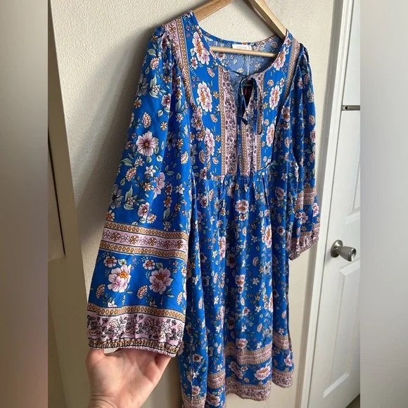 NWT Bluetime Summer Dress Boho V Neck 3/4 Sleeve Babydoll Floral Viscose Sz XL - Picture 9 of 13